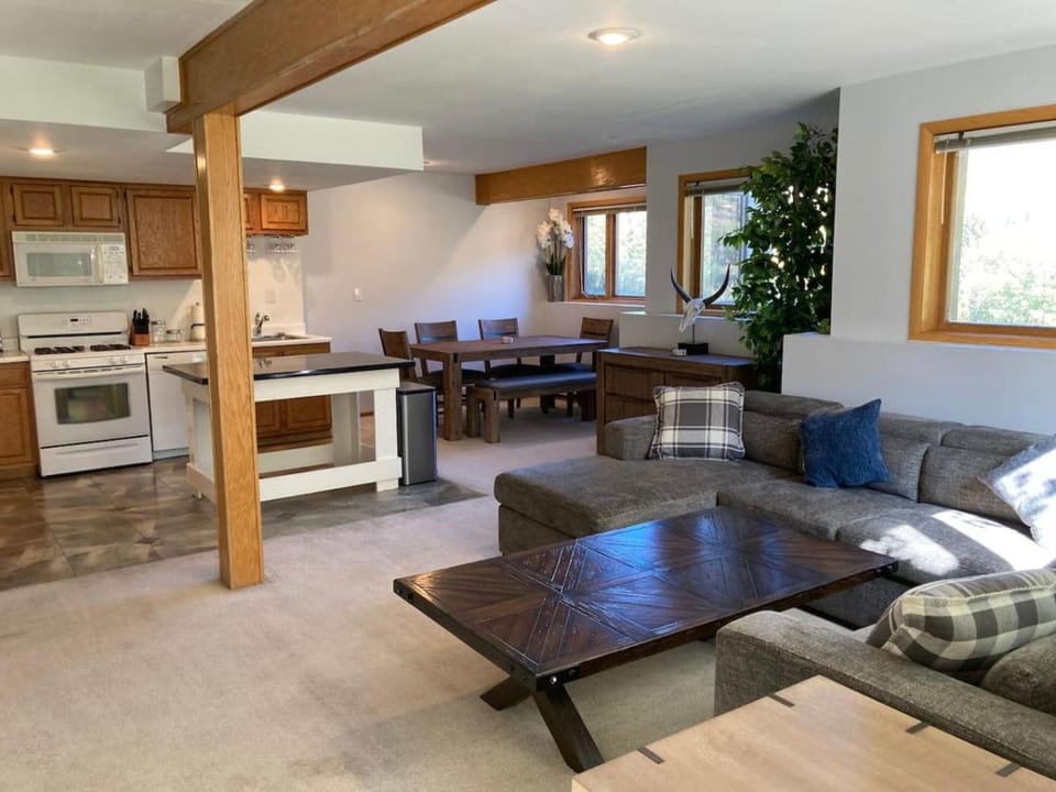 Kitchen or kitchenette, Living room, Seating area, Dining area