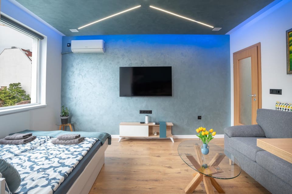 Bed, TV and multimedia, Living room, Photo of the whole room, Seating area, Bedroom, air conditioner