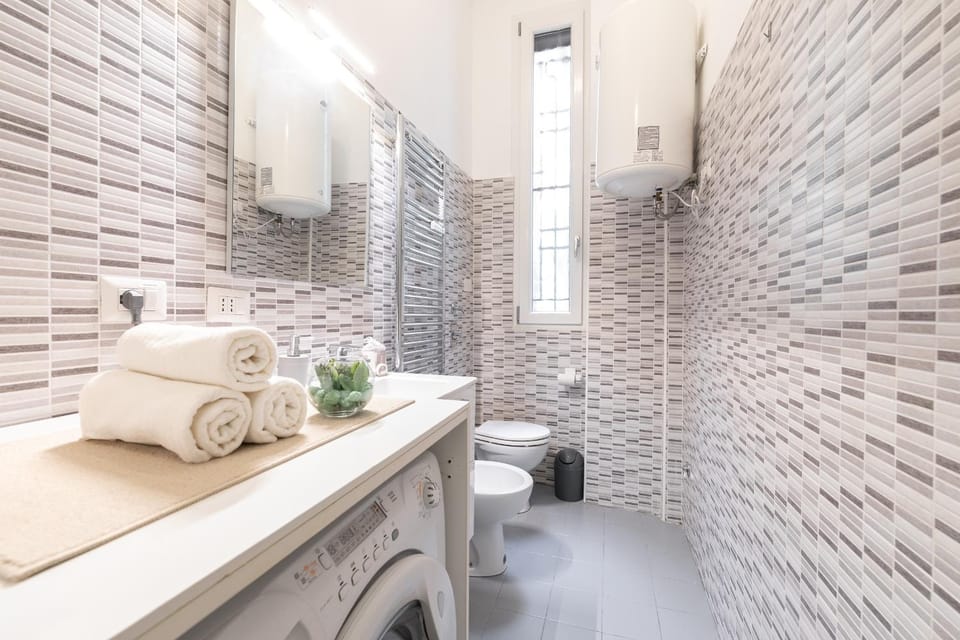 Toilet, Bathroom, bidet, towels, washing machine
