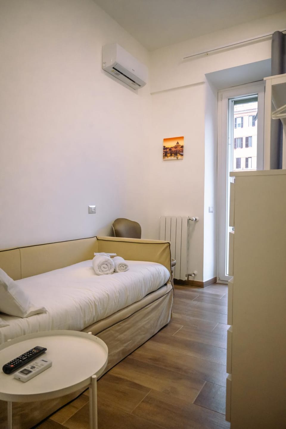 Photo of the whole room, Bedroom, towels, air conditioner
