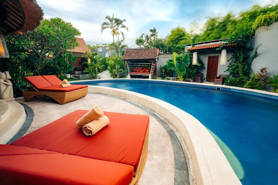 Natural landscape, Garden, Garden view, Pool view, Swimming pool, sunbed