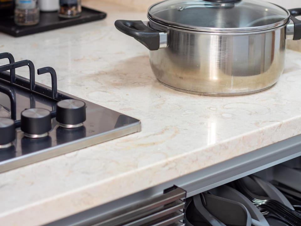Kitchen or kitchenette, stove