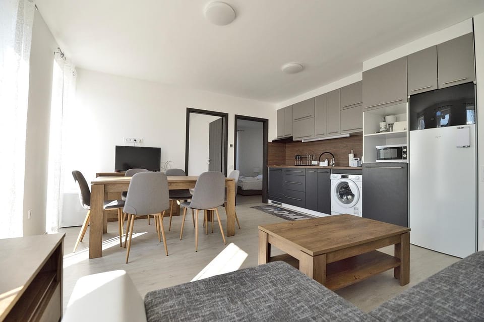 Kitchen or kitchenette, Living room, Dining area, stove