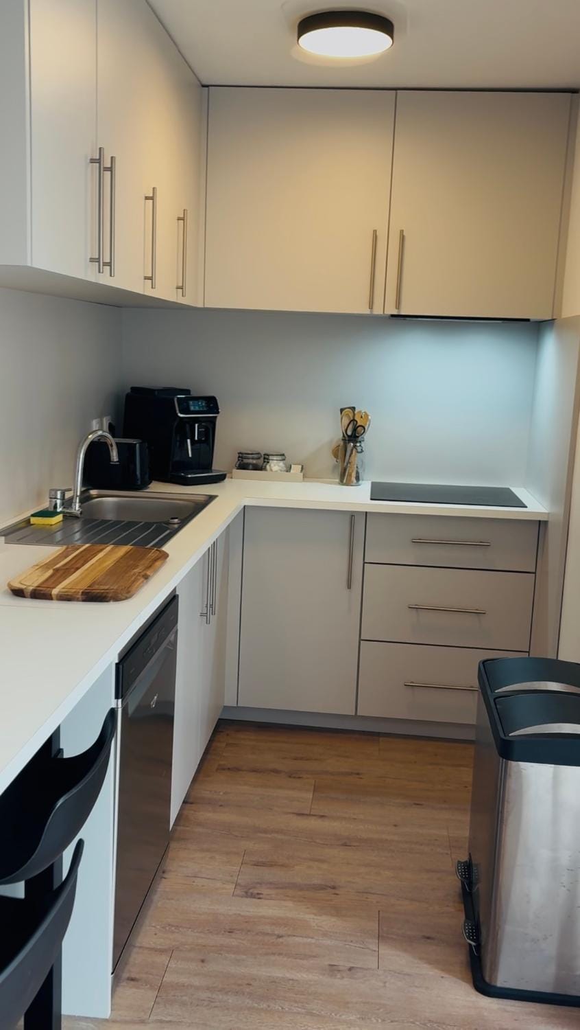 Kitchen or kitchenette, dishwasher, oven, stove, toaster