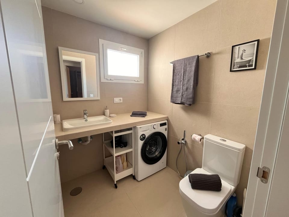 Toilet, towels, washing machine