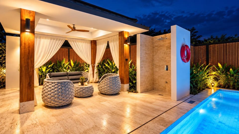 Patio, Night, Pool view, Swimming pool, sunbed