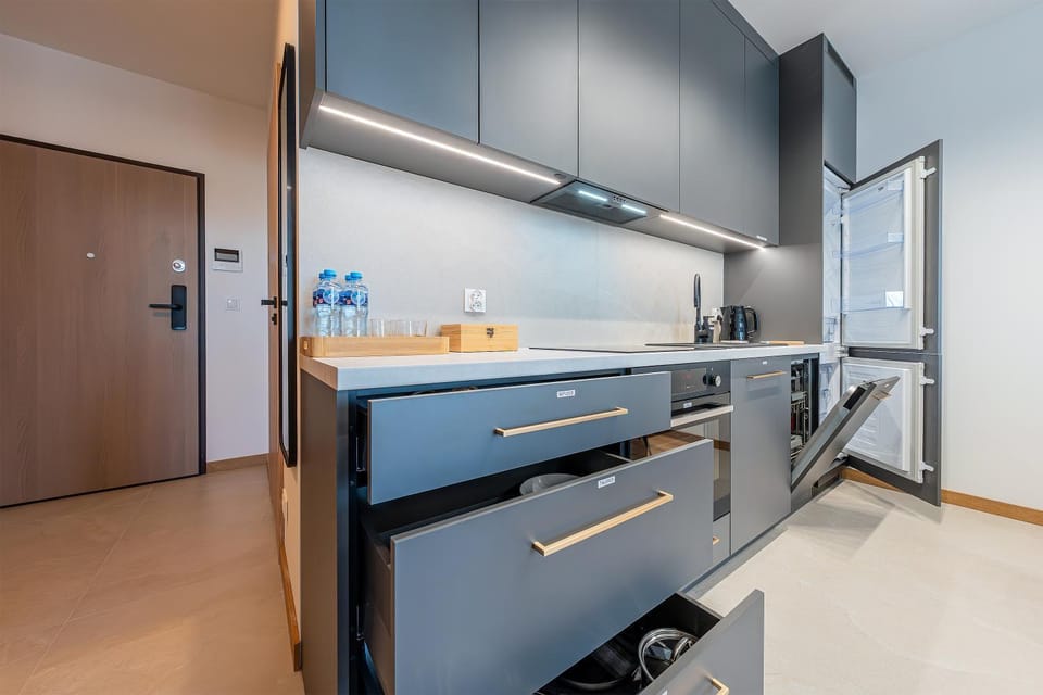 Kitchen or kitchenette, dishwasher, oven, stove