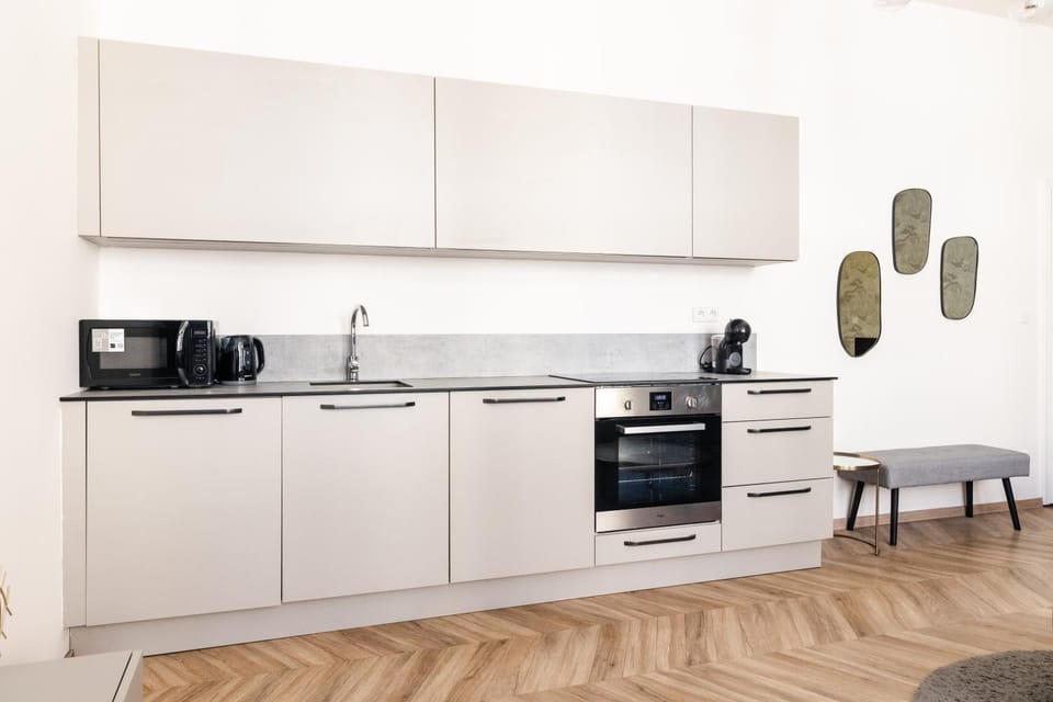 Coffee/tea facilities, Kitchen or kitchenette, oven, stove