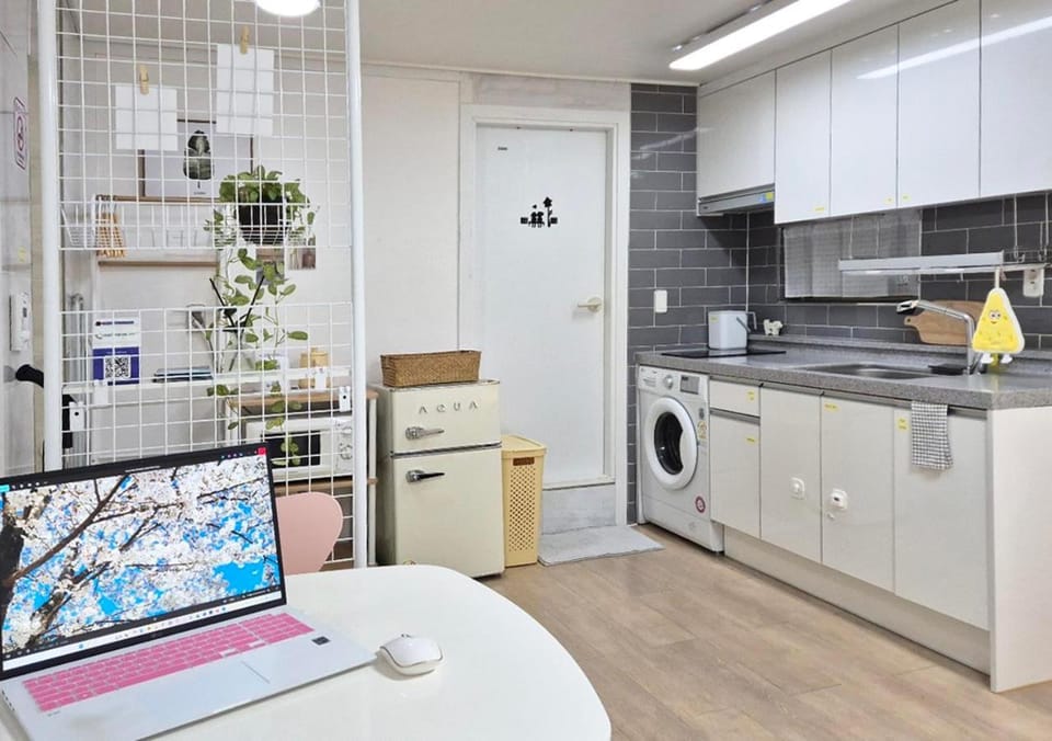 Kitchen or kitchenette, stove, washing machine