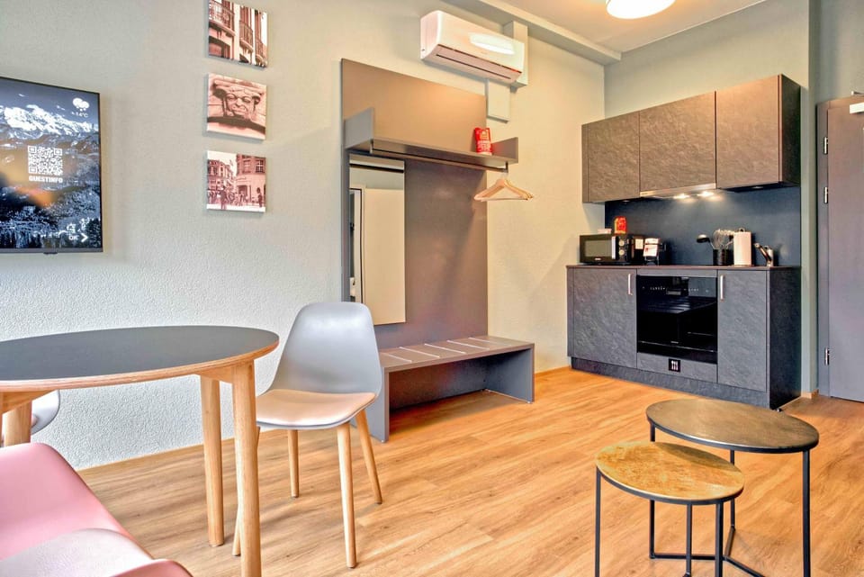 Kitchen or kitchenette, Living room, Seating area, Dining area, stove, air conditioner