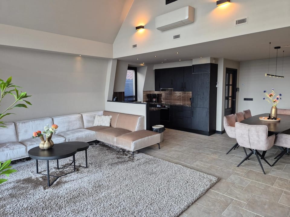 Kitchen or kitchenette, Living room, Seating area, Dining area