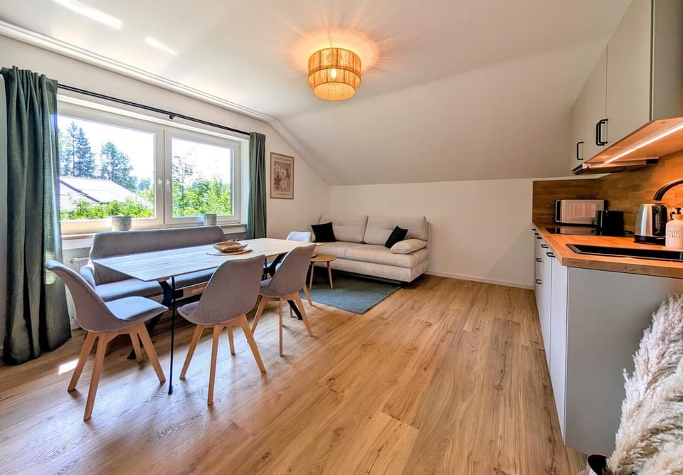 Kitchen or kitchenette, Living room, Seating area, Dining area