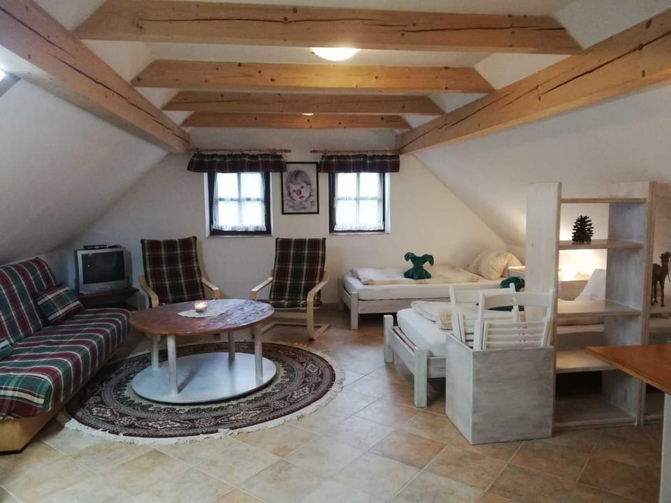 Bed, Living room, Seating area