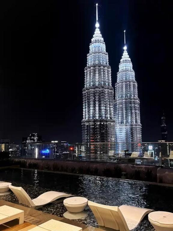 Night, Seating area, City view, Swimming pool