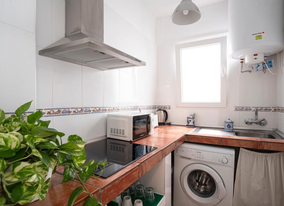 Kitchen or kitchenette, Photo of the whole room, microwave, stove, toaster, washing machine, kitchen