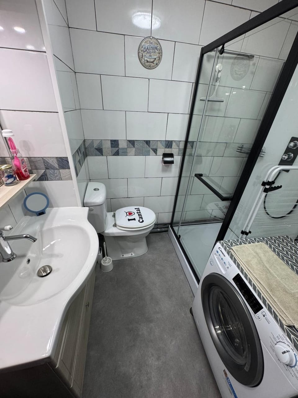 Shower, Toilet, Bathroom, towels, washing machine, dryer