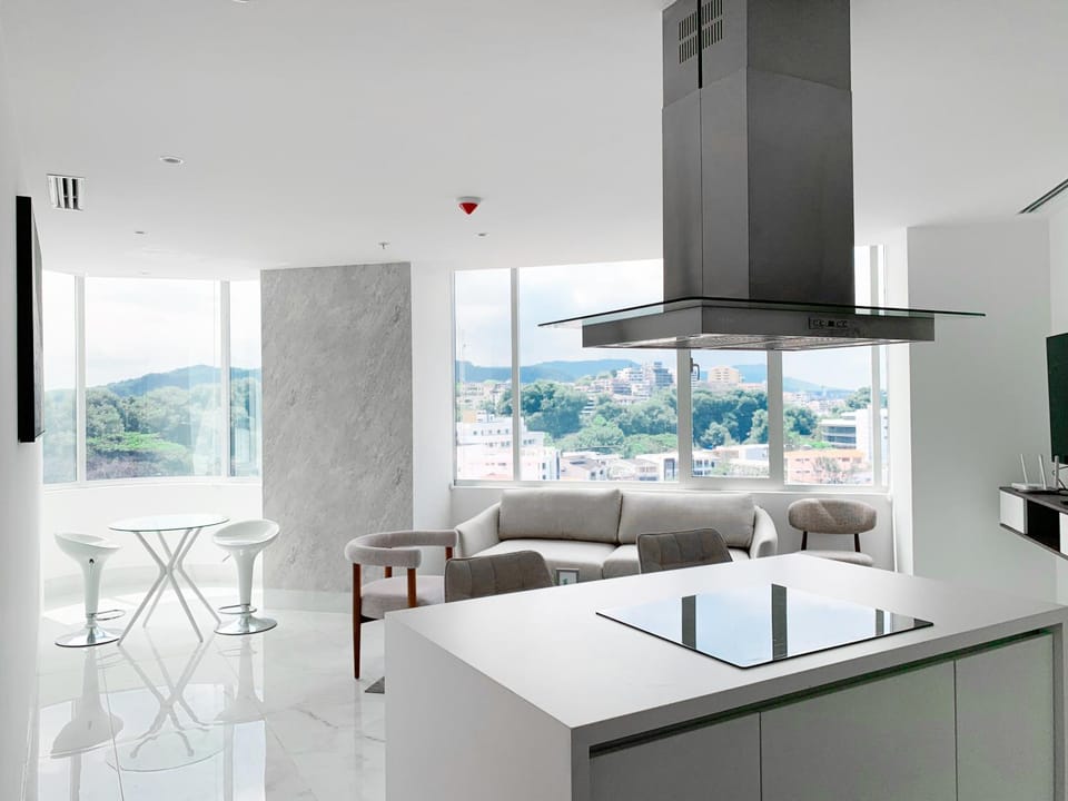 Kitchen or kitchenette, Living room, Dining area, City view, pet friendly