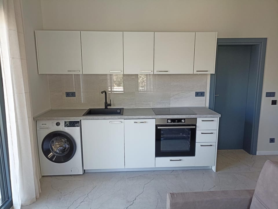 Kitchen or kitchenette, dishwasher, stove, washing machine