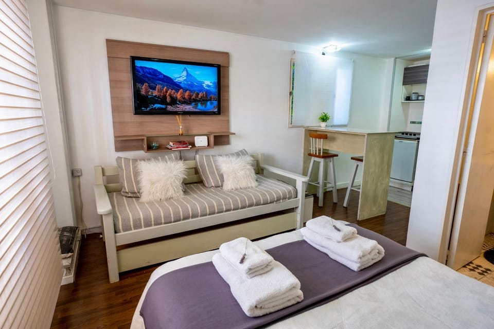 Bed, TV and multimedia, Kitchen or kitchenette, Living room, Photo of the whole room, Seating area, Dining area, Bedroom, towels, wardrobe