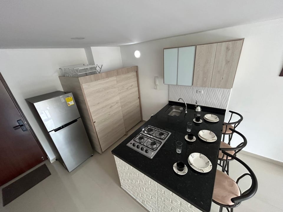 Kitchen or kitchenette, stove