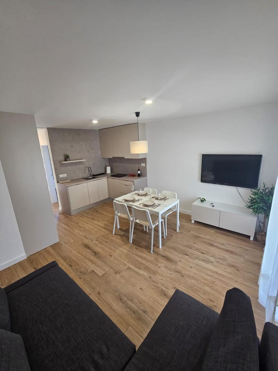 Communal lounge/ TV room, TV and multimedia, Kitchen or kitchenette, Living room, Seating area, Dining area, stove