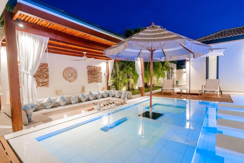 Patio, Night, Natural landscape, Living room, Seating area, Pool view, Swimming pool, sunbed