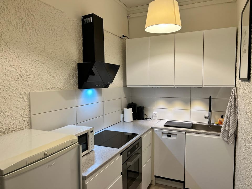 Kitchen or kitchenette, dishwasher, oven, stove