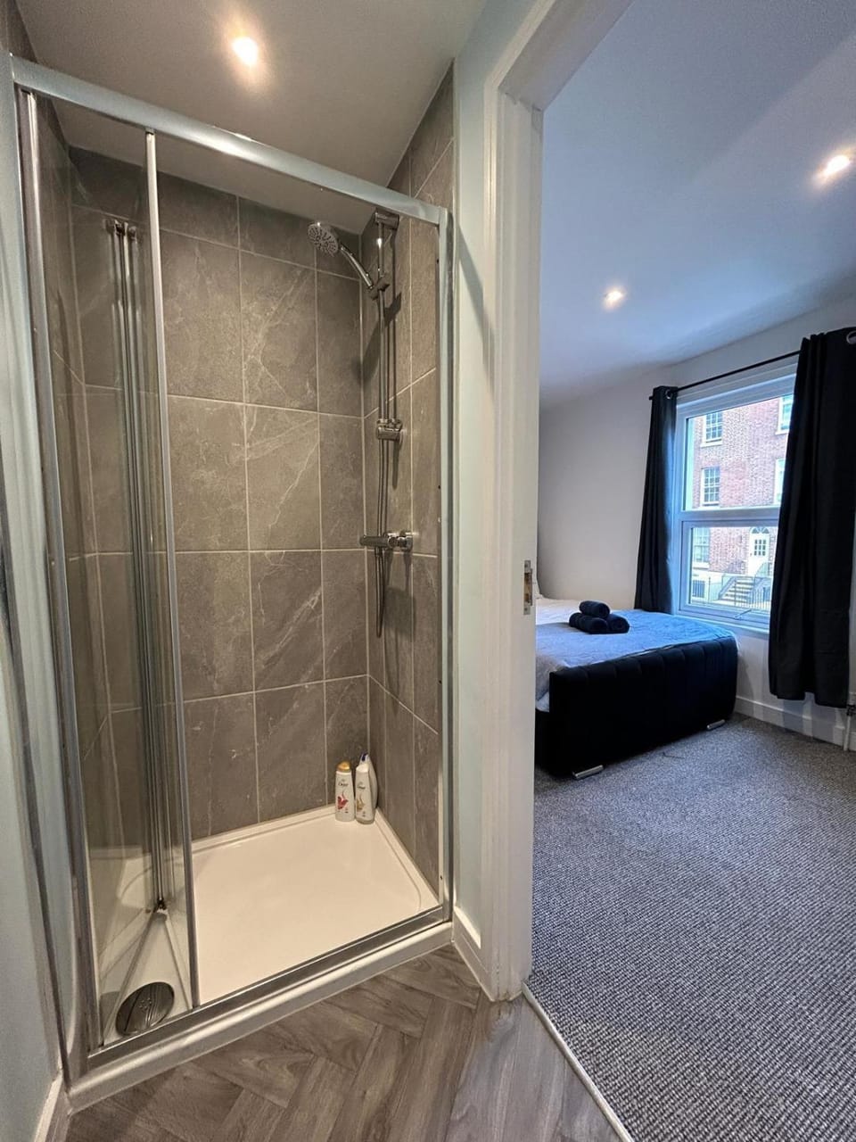 Shower, Bed, Bedroom