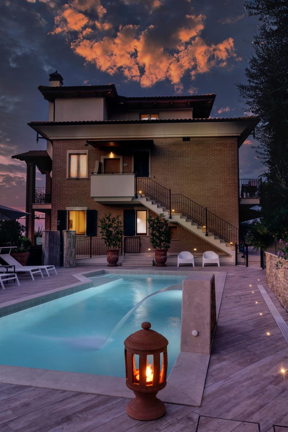 Property building, Spring, Night, Natural landscape, Summer, Solarium, View (from property/room), Pool view, Swimming pool, Sunset, sunbed