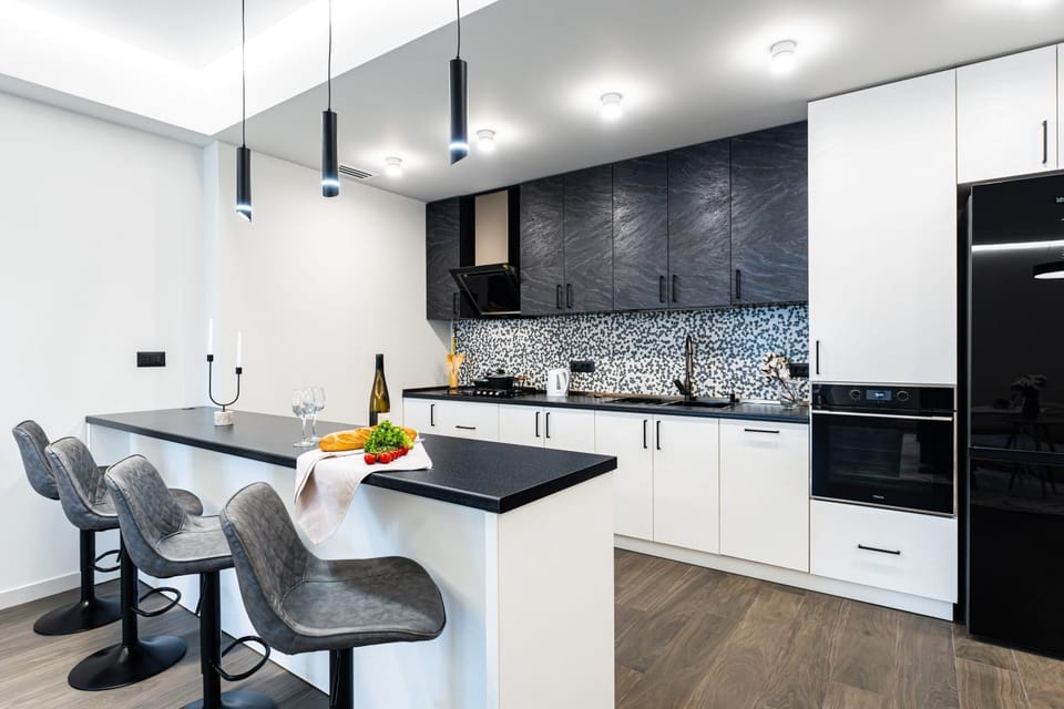 Kitchen or kitchenette, Living room, Dining area, dishwasher, oven, stove