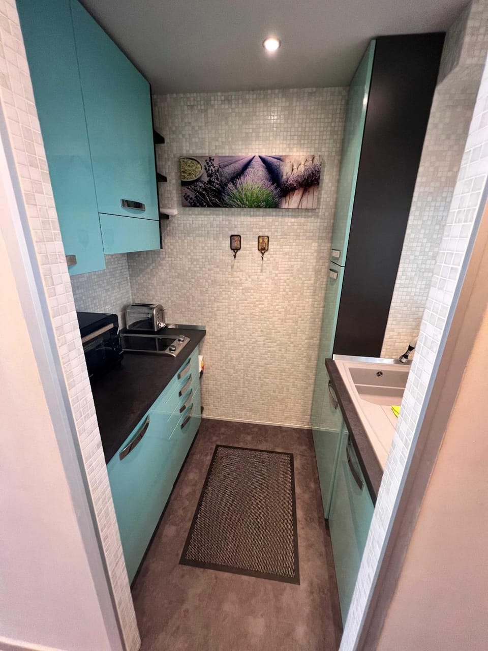 Kitchen or kitchenette, stove