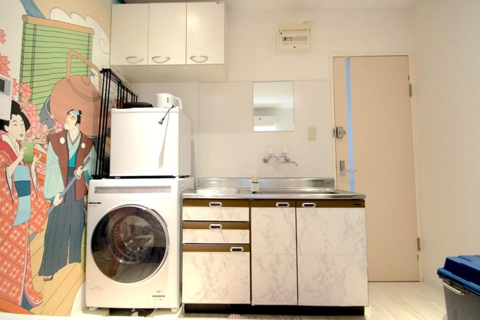 Kitchen or kitchenette, stove, washing machine, dryer, air conditioner