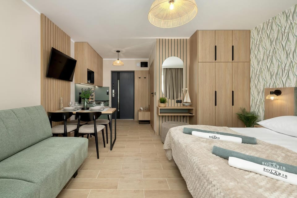 Bed, TV and multimedia, Kitchen or kitchenette, Photo of the whole room, Dining area, Bedroom, wardrobe