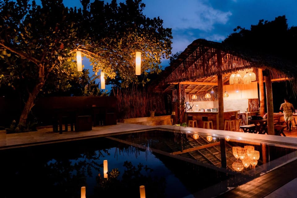 Property building, Patio, Night, Natural landscape, Garden, Garden view, Pool view, Swimming pool