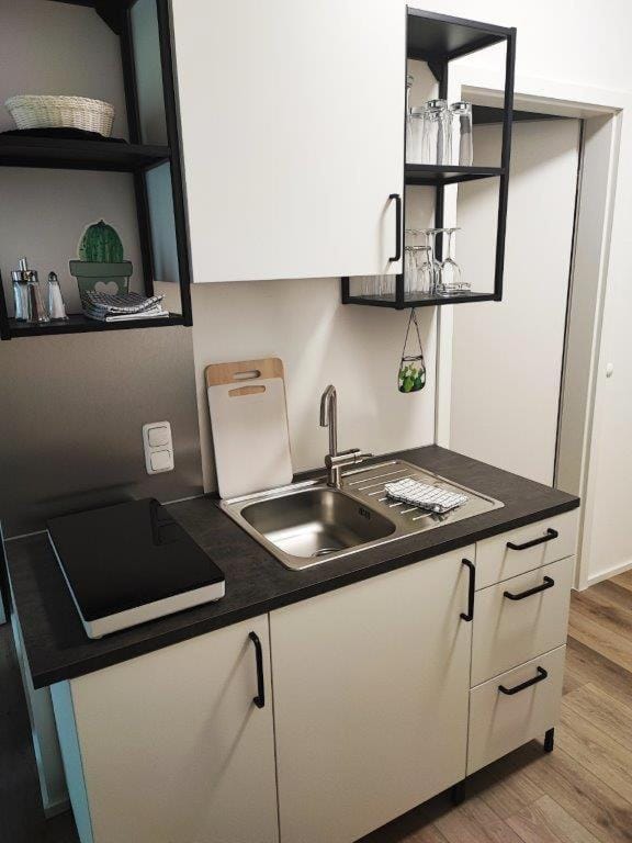Kitchen or kitchenette, microwave, stove
