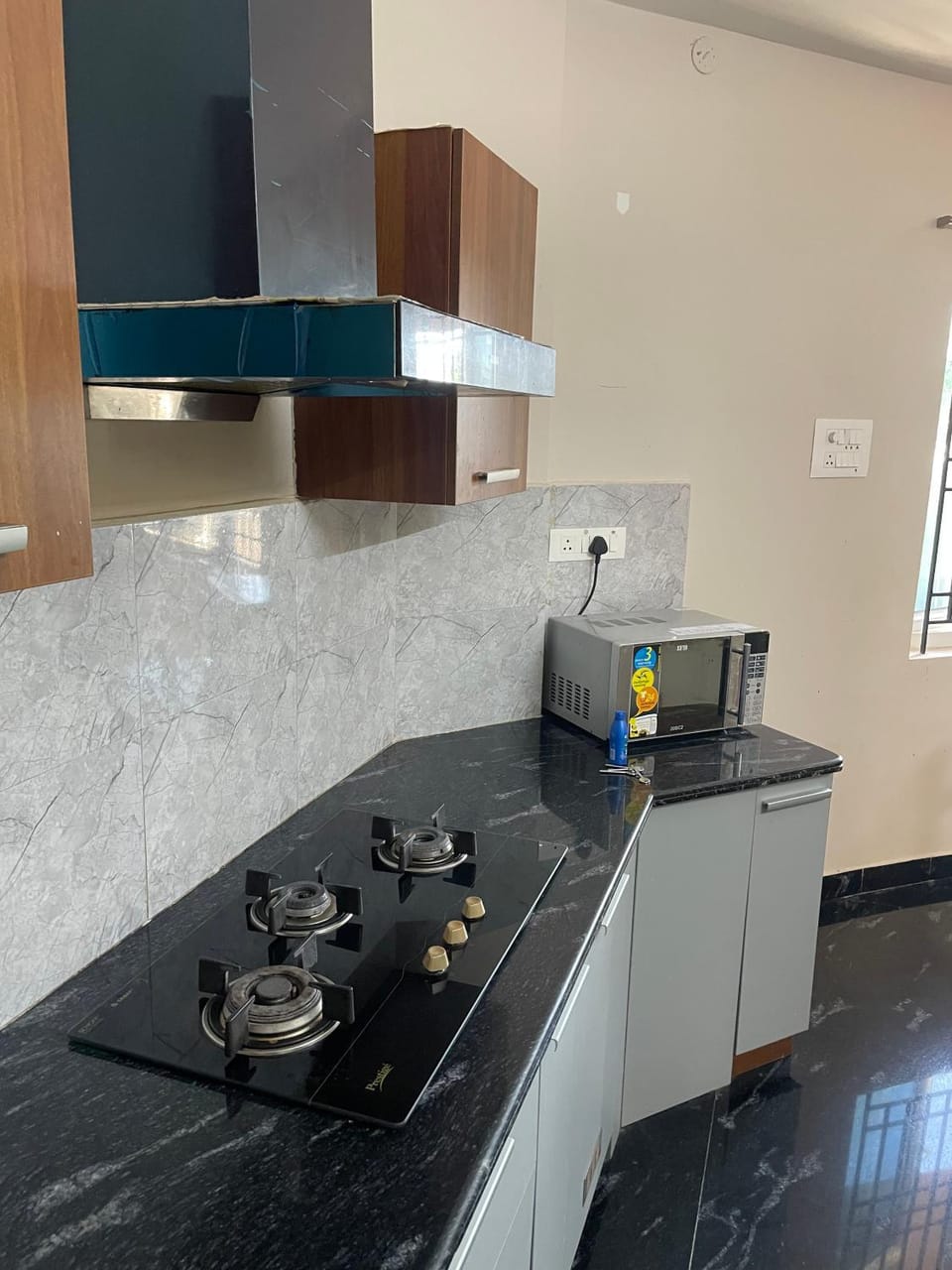 Kitchen or kitchenette, microwave