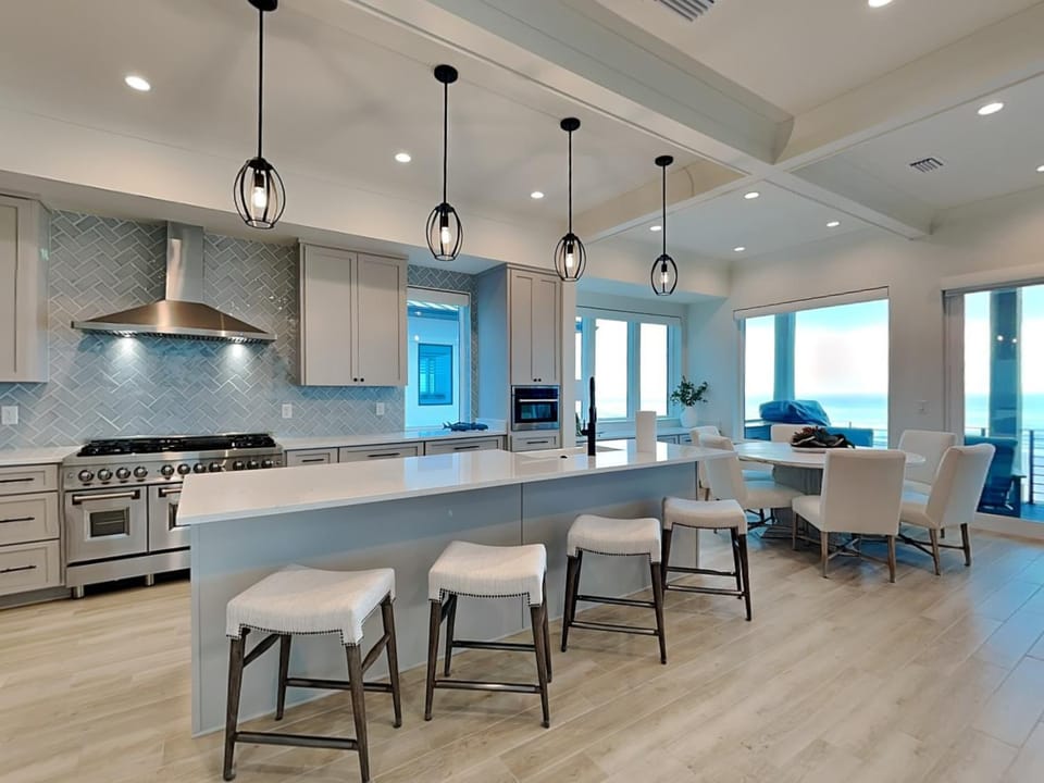 Kitchen or kitchenette, Living room, Seating area, Dining area, Sea view, furniture, oven, stove