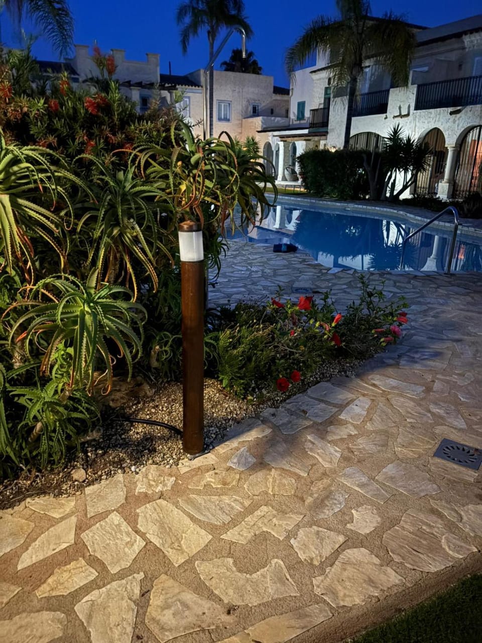 Property building, Night, Garden, Garden view, Pool view, Swimming pool