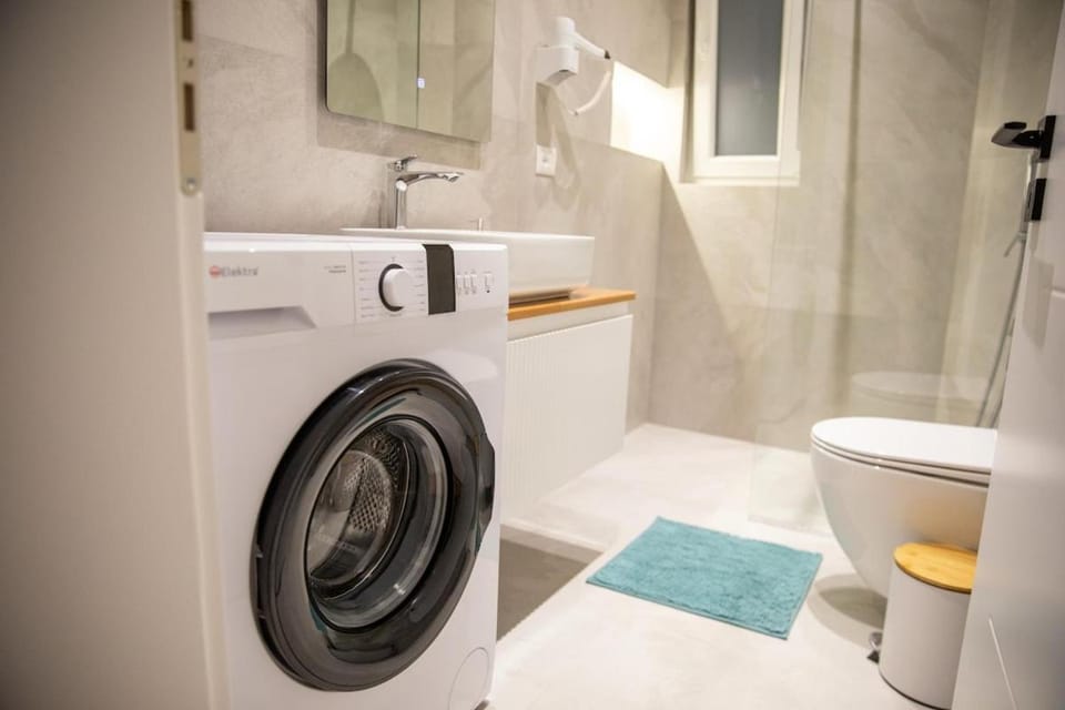 Shower, Toilet, Bathroom, bidet, towels, washing machine