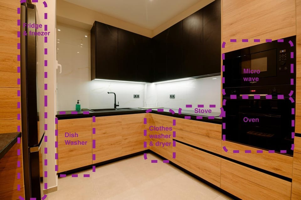 Kitchen or kitchenette, dishwasher, microwave, minibar, oven, stove, toaster, washing machine
