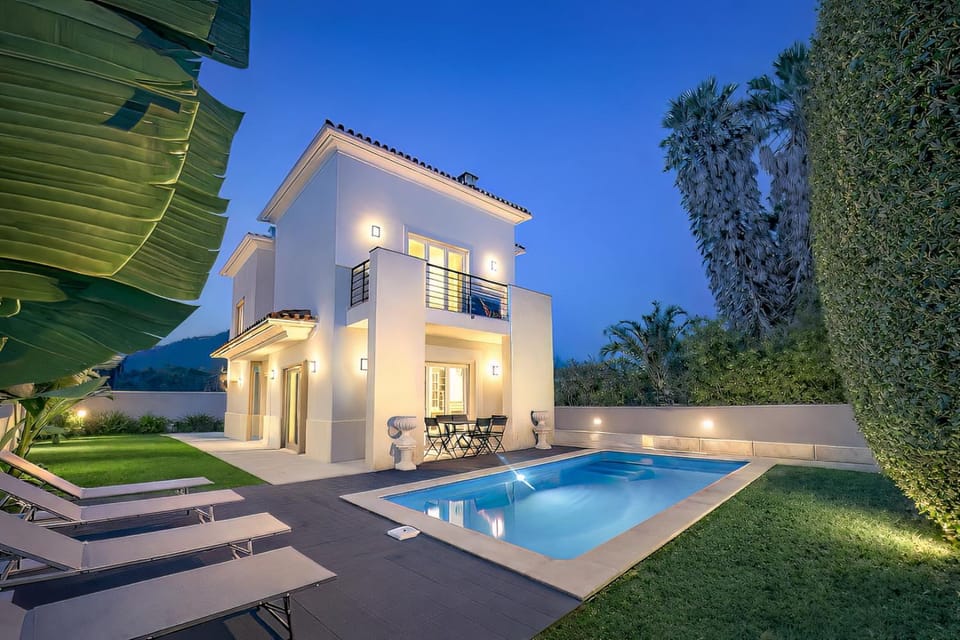 Property building, Night, Garden, Pool view