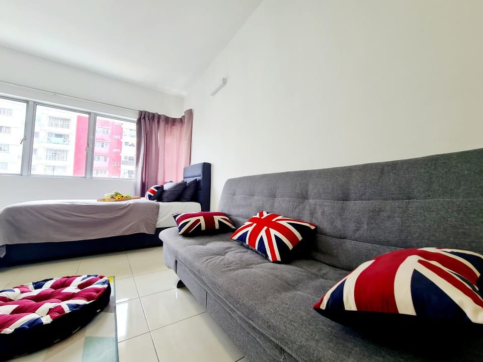 Bed, Living room, Seating area