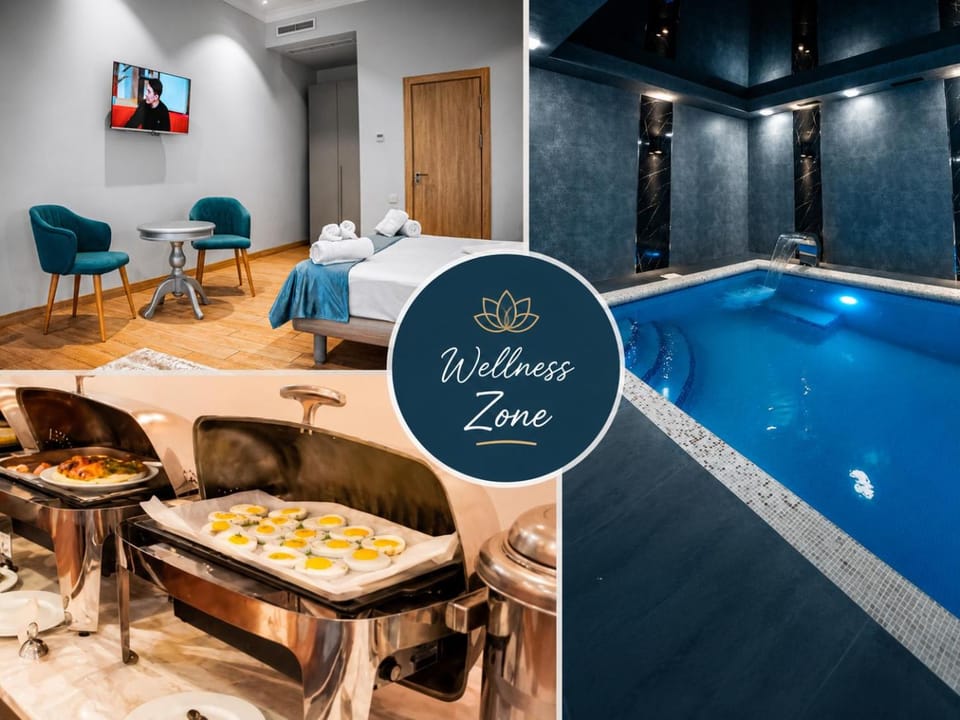 Bed, TV and multimedia, Living room, Food and drinks, Photo of the whole room, Seating area, Bedroom, Food, Pool view, Swimming pool, sunbed