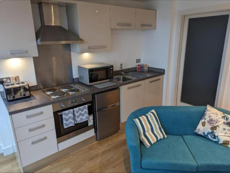 Kitchen or kitchenette, Living room, Seating area, dishwasher, stove, toaster