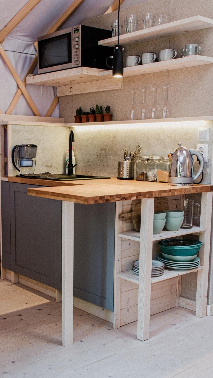 Kitchen or kitchenette, microwave