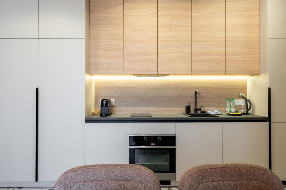 Kitchen or kitchenette, stove