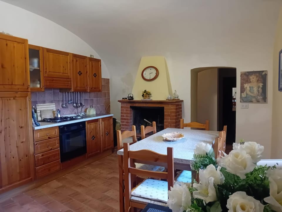Dining area, fireplace, oven, kitchen