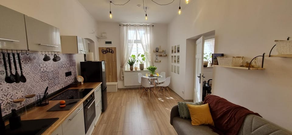 Kitchen or kitchenette, Living room, Seating area, Dining area, stove