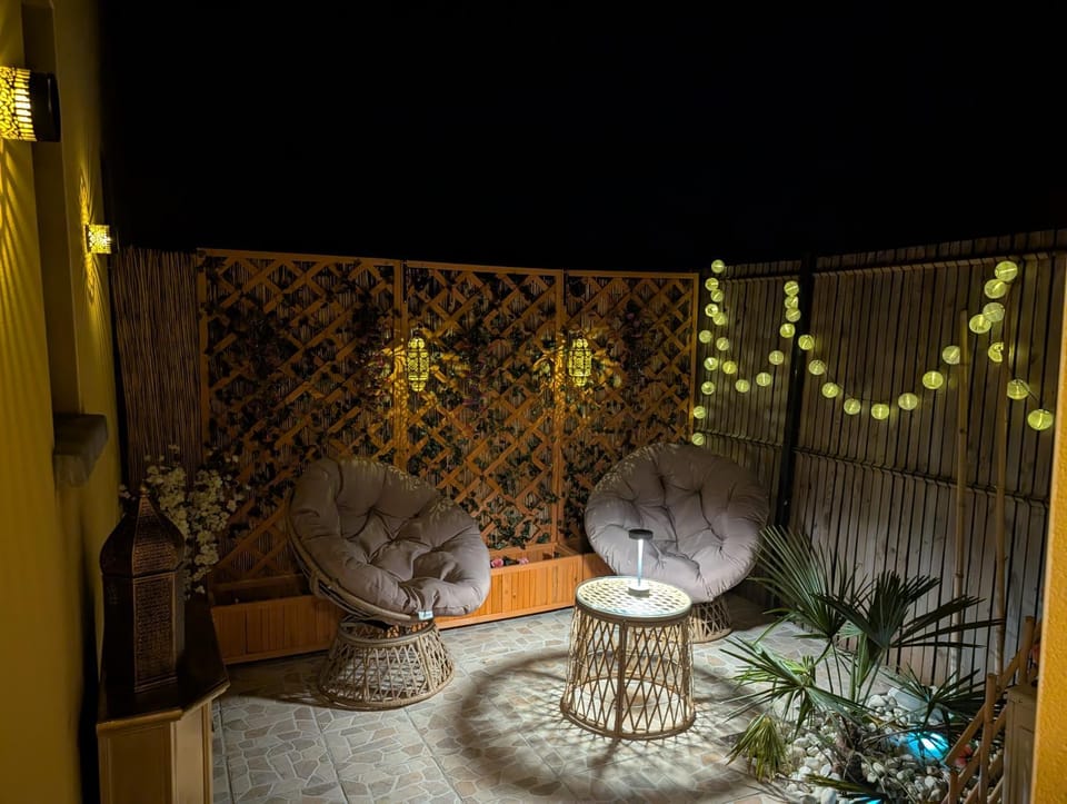 Patio, Night, Living room, Seating area