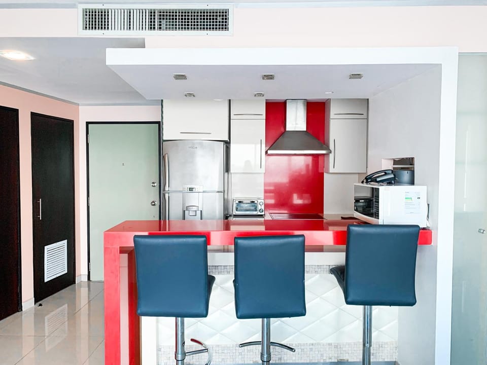 Dining area, microwave, oven, stove